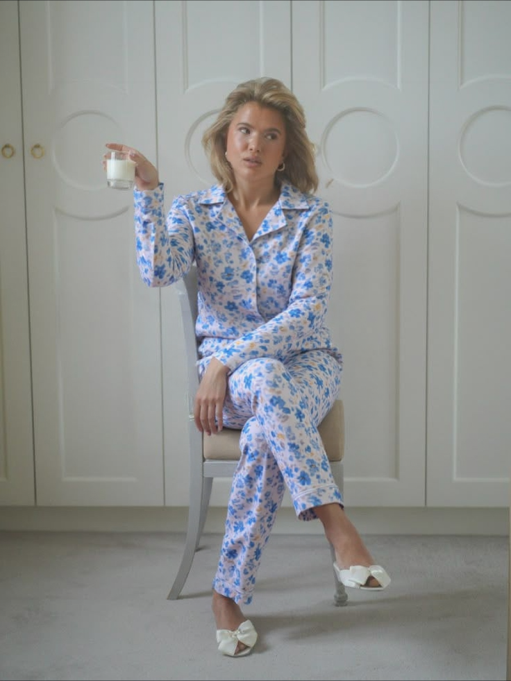 Baby Blue Floral Silk Automn Pyjama Set