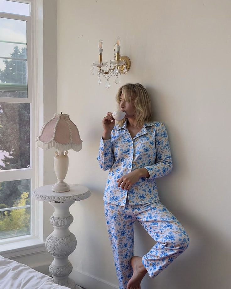 Baby Blue Floral Silk Automn Pyjama Set