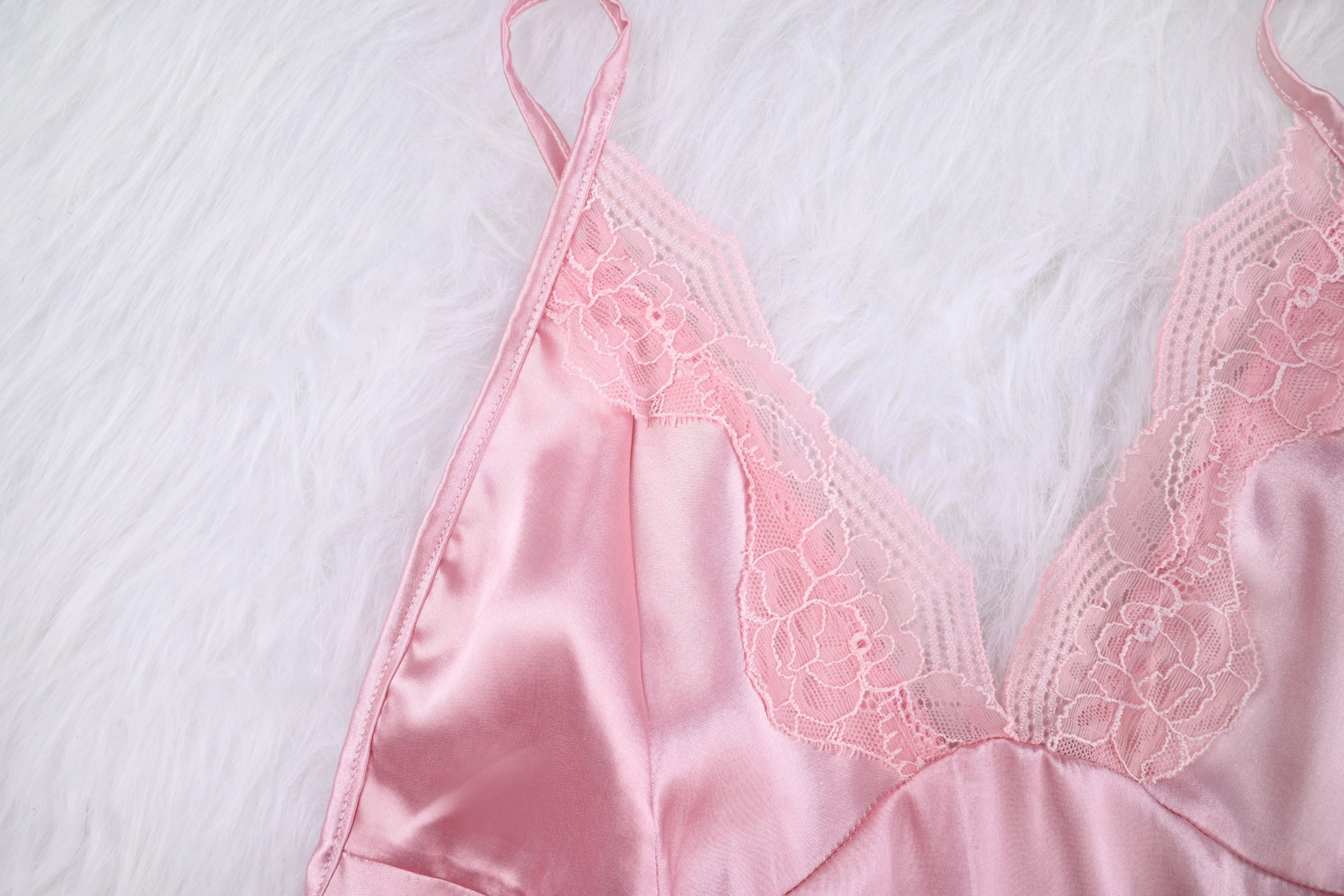 Pink Silky Satin Floral Lace Dress