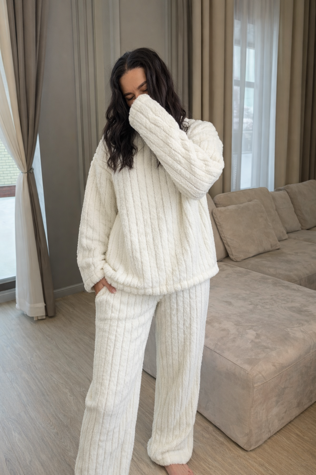 Cozy White Oversized Fur-Striped Pyjama