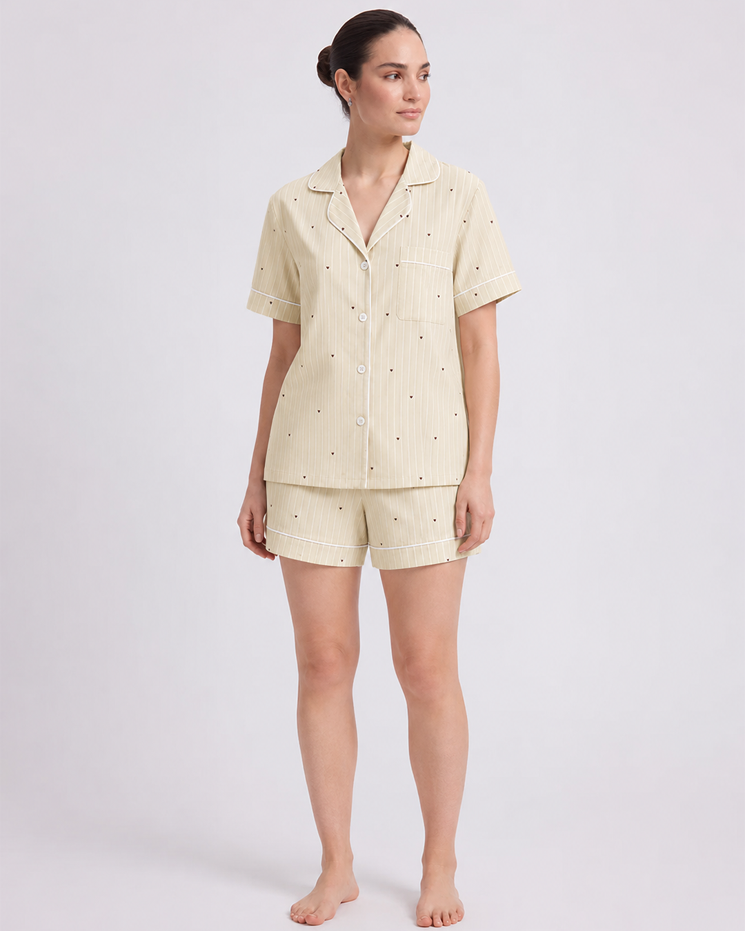 Beige Striped Heart Pajama Set