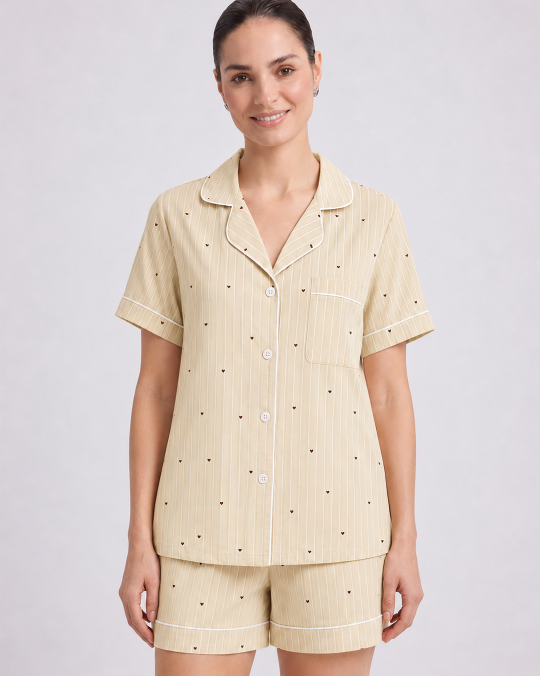 Beige Striped Heart Pajama Set