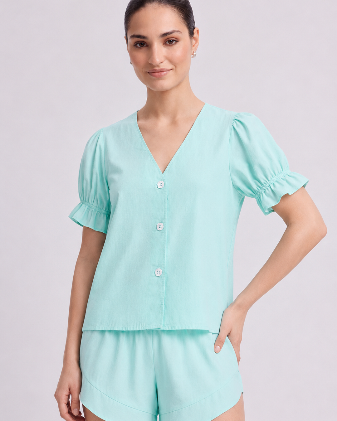 Mint V-Neck Ruffle Pajama Set